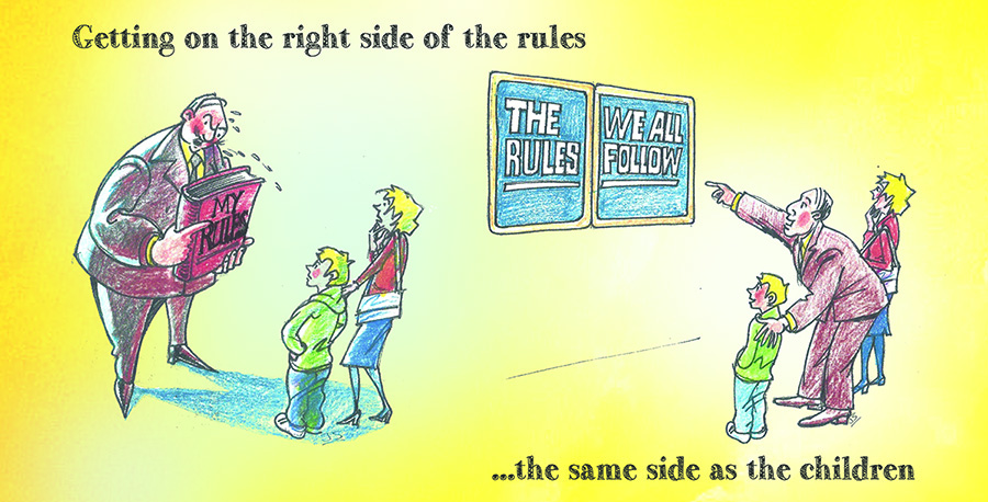 cartoon shows over-bearing teacher haranguing child and mother while holding 'my rules'. Kind teacher is with child and mother explaining 'the rules we all follow'